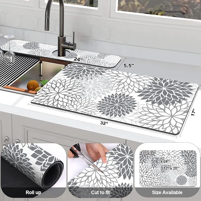 Findosom 2PCS 17" x 32" Dish Drying Mat & 24" x 5.5" Sink Splash Guard, Super Absorbent & Cuttable Dish Mat Drying Kitchen Mat with Gray Floral, Hide Stain Drying Mat for Kitchen Counter