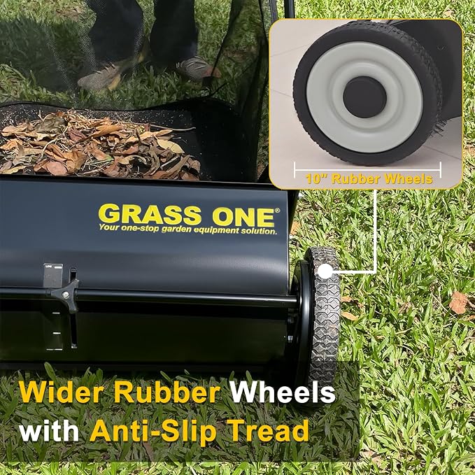 26 Inch Push Lawn Sweeper with 7 Cu.Ft Collection Bag | Yard Sweeper With 4 Spinning PP Brushes, Durable Steel Frame, Adjustable Height And Rubber Tires For Easy Yard Cleanup.