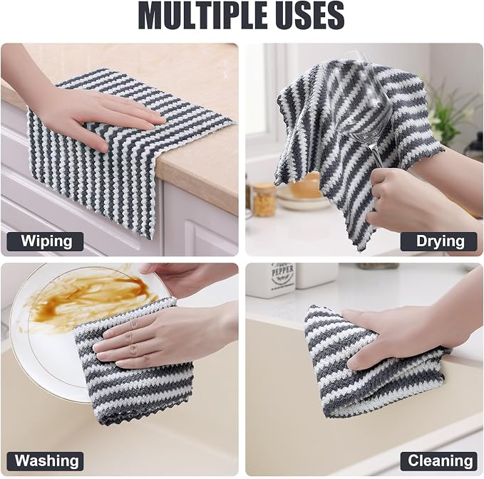 Homaxy 12 Pack Kitchen Dish Cloths, Ultra Soft and Absorbent Dish Towels, Reusable Fast Drying Microfiber Cleaning Cloth, Coral Velvet Wave Design No-lint, 10 x 10 inches, Dark Grey