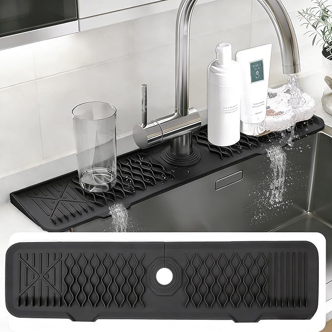 EBIGIC 24 Inch Silicone Faucet Mat for Kitchen Sink, 7° Slope Fast Self-Draining Sink Splash Guard, Kitchen Sink Water Catcher Organizer, Kitchen Sink Accessories (Black, 24''x5.6'')