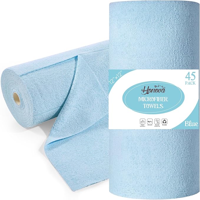 Microfiber Cleaning Cloth Roll 45 Pack, 12"×12", Reusable, Tear Away, Blue | Washable Paper Towels, Highly Absorbent, Lint Free, All-Purpose Washable Cleaning Rags for Kitchen, Window, Car, Shop