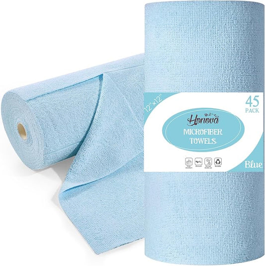 Microfiber Cleaning Cloth Roll 45 Pack, 12"×12", Reusable, Tear Away, Blue | Washable Paper Towels, Highly Absorbent, Lint Free, All-Purpose Washable Cleaning Rags for Kitchen, Window, Car, Shop