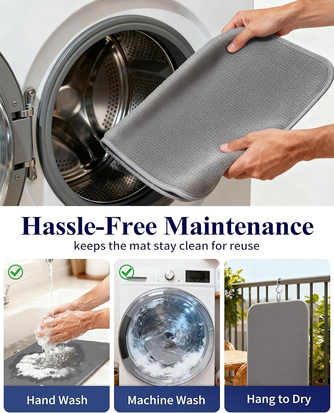 Kitsure Dish Drying Mat - 2-Pack Washable Microfiber Drying Mat for Kitchen Counter, 3-Layer Ultra Absorbent Pad with a Hanging Hook, 20" x 14", Dark Grey