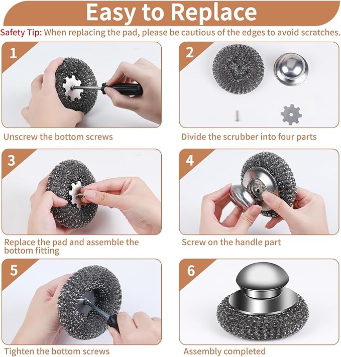 4pcs Steel Wool Scrubber with Replacement Wire Sponge Pads Set, Stainless Steel Scrubber with Handle for Scouring Stubborn Messes from Cast Iron, Pots, Pans, Grill, Stoves, Sink(2 Scrubber+2 Pads)
