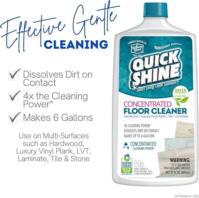 Quick Shine Multi Surface Concentrated Floor Cleaner 27oz Use on Hardwood, Laminate, Luxury Vinyl Plank LVT, Tile & Stone Dirt Dissolving & Powerful Cleaning Makes 27 Gallons | Makes up to 6 Gallons, Refreshing Essence, pH Neutral, No Rinse, PFAS & Amm...