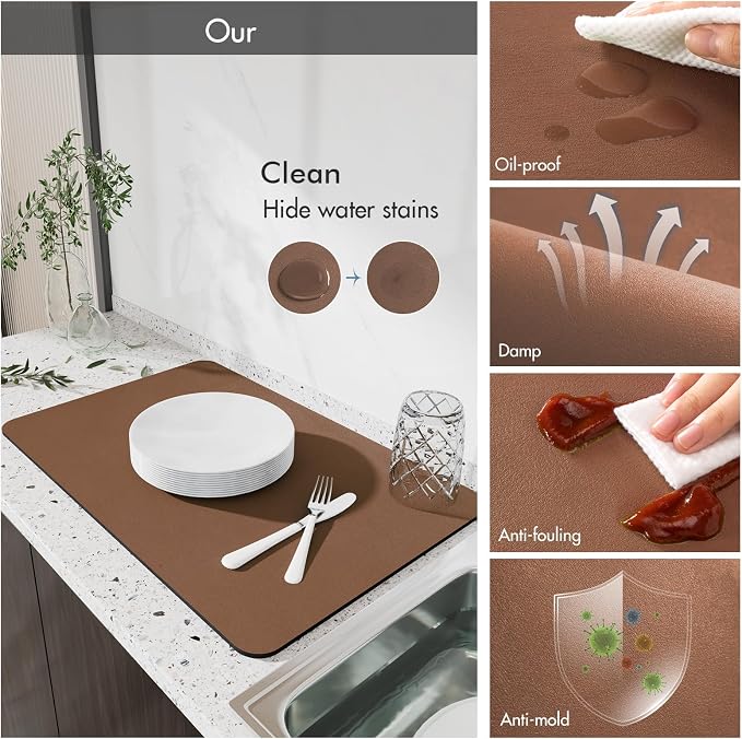 Drying Mat for Kitchen Countertops, Coffee Mat Hide Stain Rubber Backed Absorbent Dish Drying Mat