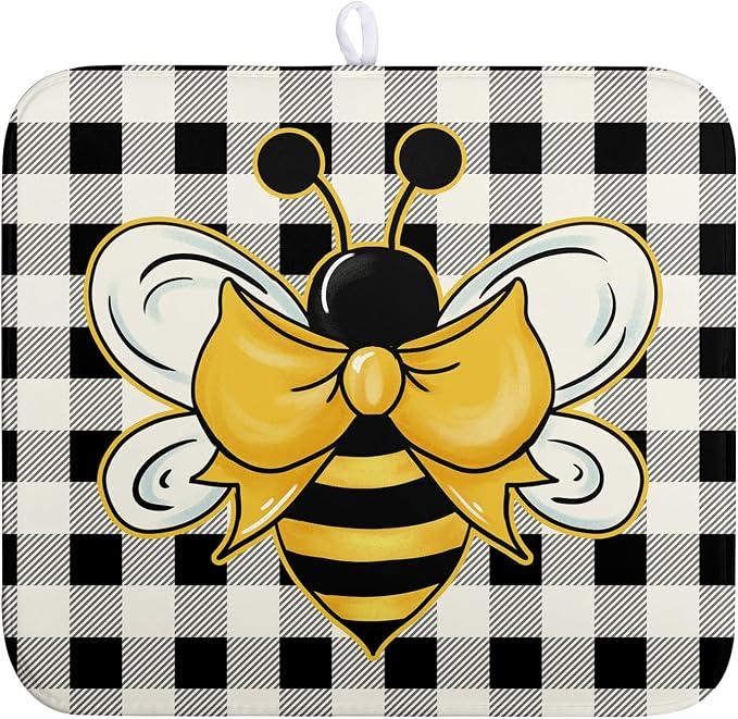 Summer Bumble Bee Drying Mat for Kitchen Counter 16×18 Inch Black White Buffalo Check Honey Bee Print Dish Drying Mats Kitchen Accessories Dish Rack Mat