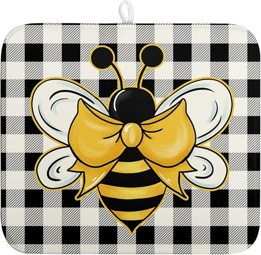 Summer Bumble Bee Drying Mat for Kitchen Counter 16×18 Inch Black White Buffalo Check Honey Bee Print Dish Drying Mats Kitchen Accessories Dish Rack Mat