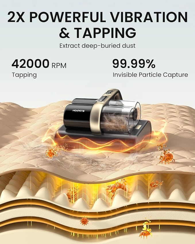 HEAPETS Mattress Vacuum Cleaner, 16Kpa Bed Vacuum with 275nm UV-C Light & 149℉ Heat & Ultrasonic, Dual High-Speed Roller Brushes & H13 HEPA Filter for Pet Hair, Bed, Sofa, Couch, Corded Black