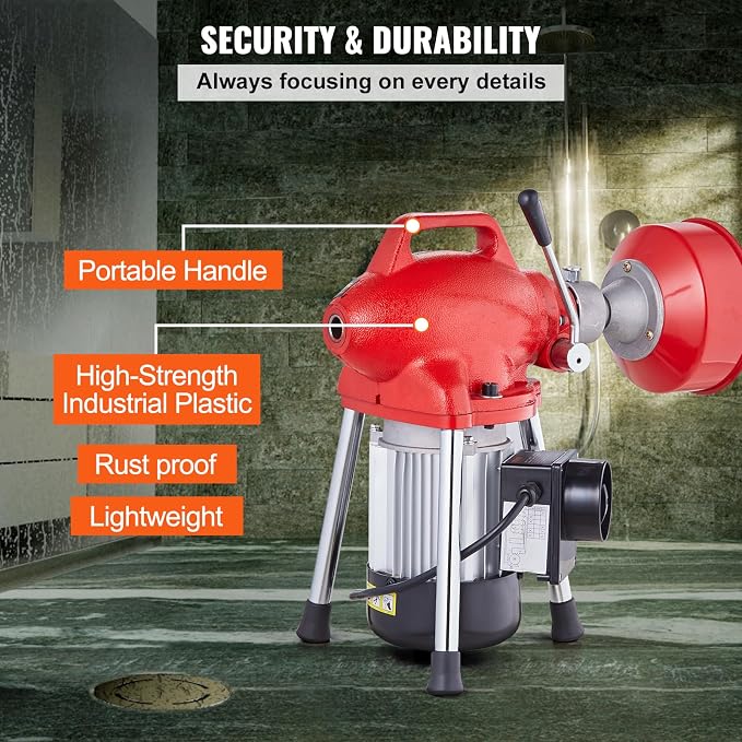 VEVOR Drain Cleaner Machine 66FT x 5/8 Inch, 250W Electric Sewer Snake Auger with 2 Sectional Steel Cables (66' x 5/8" and 15' x 3/8"), 7 Cutters and CW/CCW Control for 1.6" to 4" Pipes