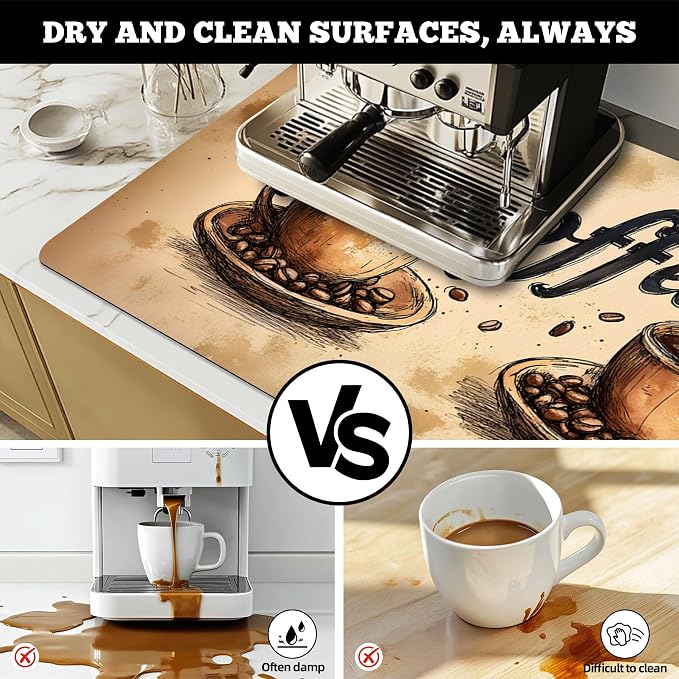 Dish Drying Mat Large Coffee Mat Absorbent Drying Mat for Kitchen Counter Coffee Bar Accessories 32"x 17", Coffee and Beans 4