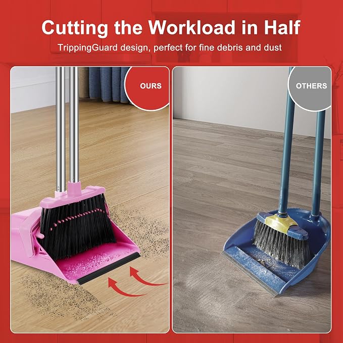Tiumso Broom with Dustpan Combo Set, 51'' Broom and Dustpan Set, Brooms and Dust Pan with Handle, Brooms with Standing Dustpans, House Broom for Pets Hair and Floor Cleaning - Pink