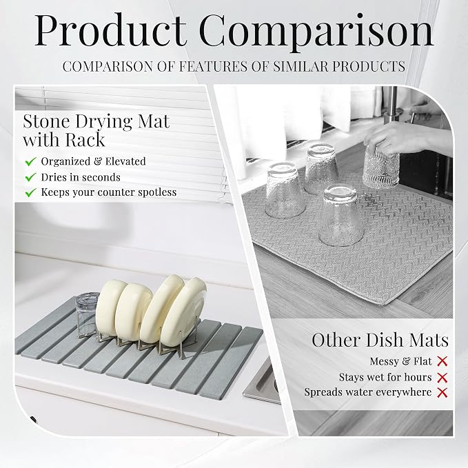 Diatomaceous Stone Dish Drying Mat with Collapsible Steel Rack - Quick Dry Kitchen Counter Set, Space Saving Foldable Dryer