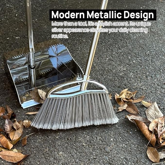 Outdoor Broom and Dustpan Comb Set,Heavy Duty Stainless Steel Metal Dust Pan with Long Handle Commercial Stiff Bristles Broom for Home Garage Garden Patio