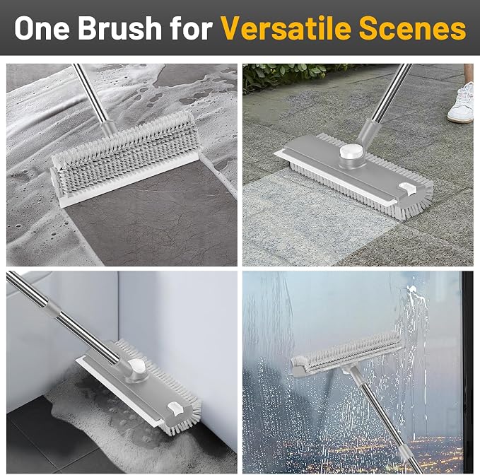 3 in 1 Floor Scrub Brush with Long Handle & Squeegee | Heavy-Duty, Adjustable, 360° Rotating Head for Cleaning Tile Bathroom Deck Kitchen Patio, Gray