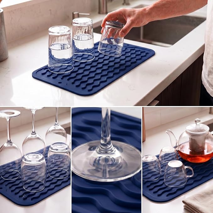 MicoYang Silicone Dish Drying Mat for Multiple Usage,Easy clean,Eco-friendly,Heat-resistant Silicone Mat for Kitchen Counter or Sink,Refrigerator or Drawer Liner Navy Blue S 12 inches x 6 inches