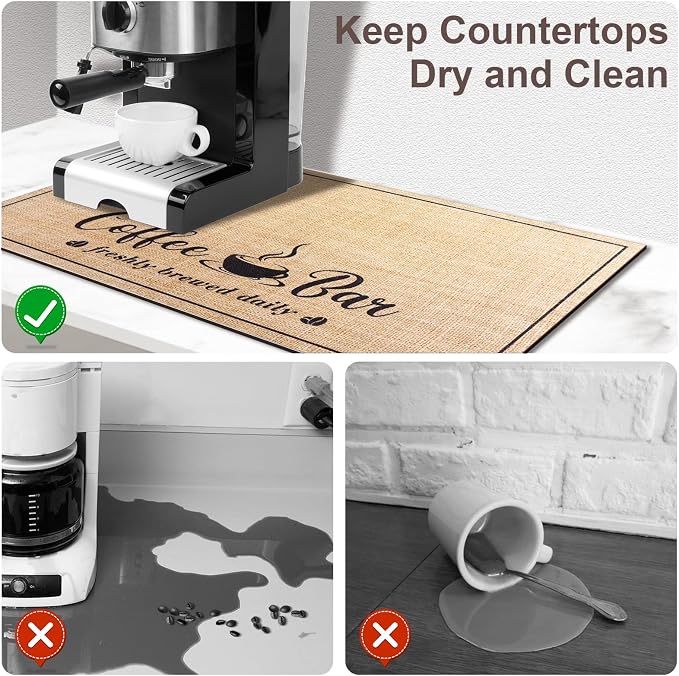 CooRug Absorbent Coffee Mat, Fashion Dish Drying Mat for Kitchen Counter Coffee Bar Accessories Espresso Machine Dish Rack 12" x 20" Beige