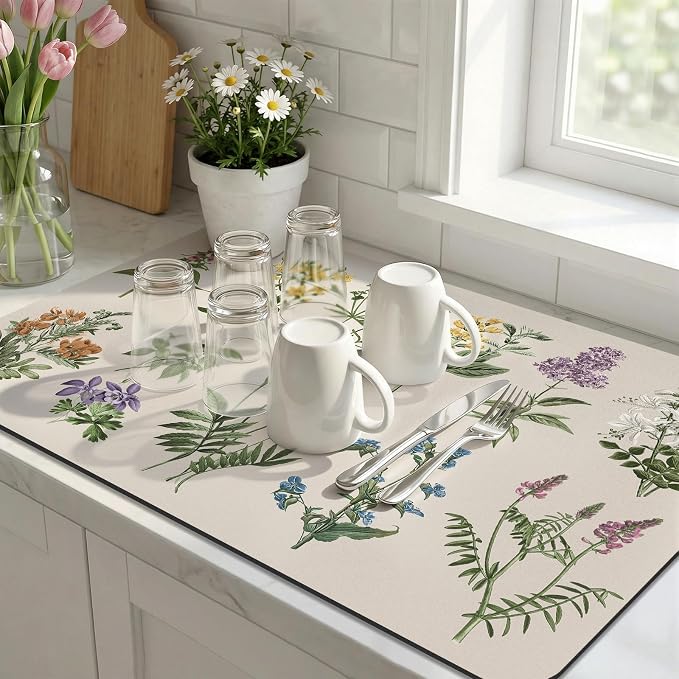 LOKHOM Dish Drying Mat for Kitchen Counter, 17"x28" Absorbent Coffee Bar Mat with Vintage Sage Flower Herbs, Dish Drainer Rack Mat for Kitchen Counter