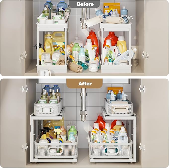 2 Pack 18.5IN-Depth Under Sink Organizer With Next-Gen Ball-Bearing Slides,2-Tier Precision Mesh Pull Out Cabinet Storage for Bathroom&Kitchen,Height Adjustable Drawers Shelf,Anti-rust-White