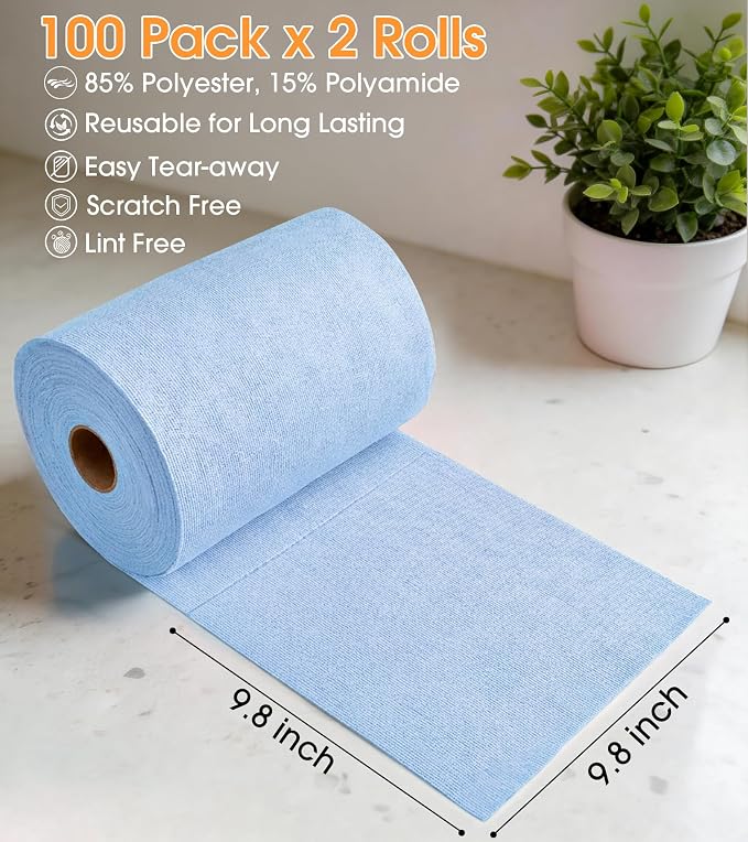 KitchLife Microfiber Cleaning Cloth Roll, 200 Pack - Tear-Away Microfiber Paper Towels, Lint-Free, Reusable, Washable for Kitchen, Car, Dishes, and Sensitive Surfaces (Blue)