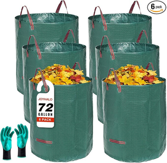 72 Gallon 6 Pack Leaf Bags Reusable for Lawn & Garden | Heavy duty, Standable, With 4 handles, Includes gardening gloves, Ideal for leaves, Grass clippings, Camping, and recycling