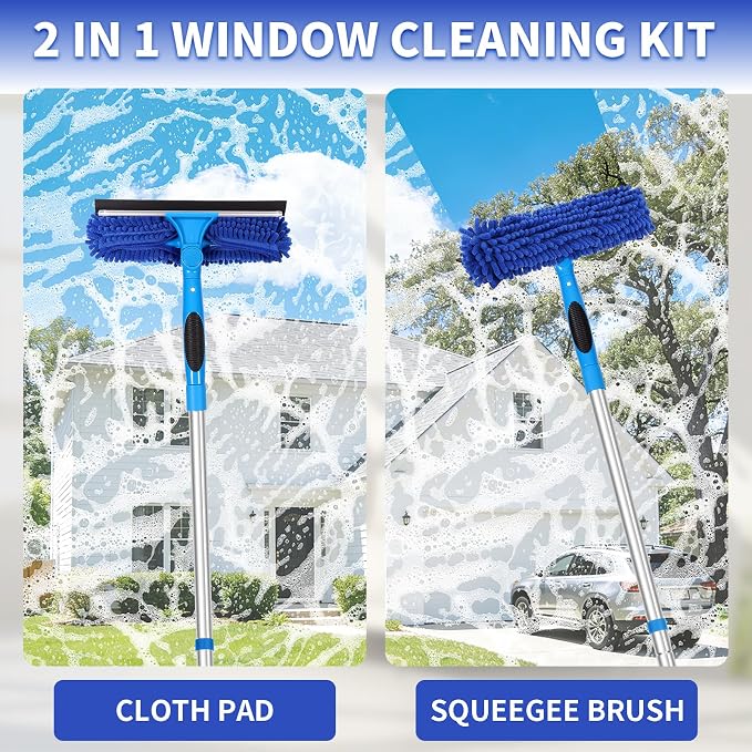 109" Window Cleaning Squeegee Kit, Professional 2 in 1 Squeegee Window Cleaner with Extension Pole, Window Washing Kit with 2 Blade 2 Pads for Indoor & Outdoor High Windows Car Glass