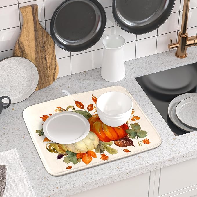 Giwawa Fall Pumpkin Dish Drying Mat Autumn Leaves Absorbent Dishes Pad 16x18 Inch Seasonal Microfiber Dish Drainer Rack Mat for Kitchen Countertop