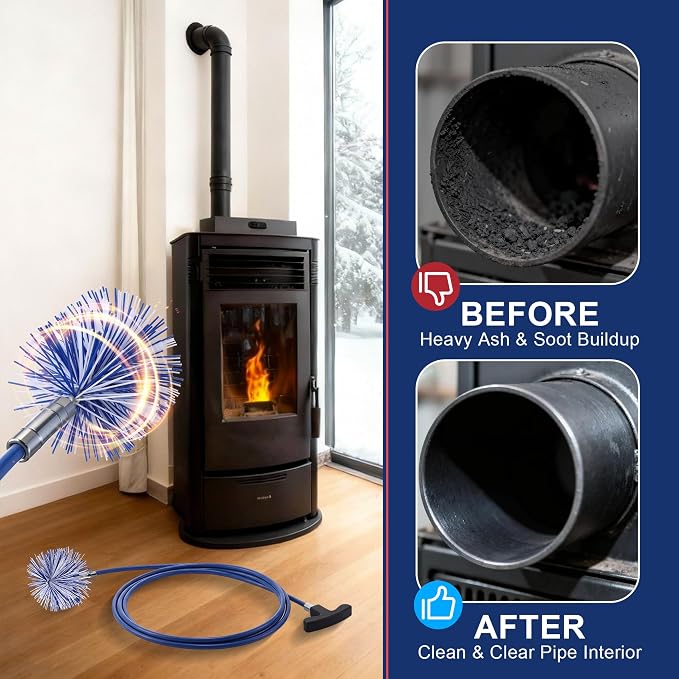 Dreyoo Pellet Stove Cleaning Brush Kit, 10 FT Flexible Steel Rod with 4" Brush Head, T Handle, Multi Purpose Flue Detail Cleaner, Nylon Stove Flue Pipe Kit for Pellet Furnace Exhaust Pipes