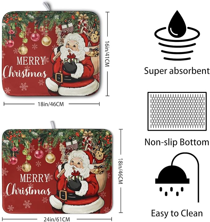 Merry Christmas Dish Drying Mat Santa Claus Kitchen Drainer Mats Microfiber Absorbent Winter Xmas Holiday Dishes Pad Reusable Dish Rack Mat for Countertop Tableware Decor 16x18 Inch