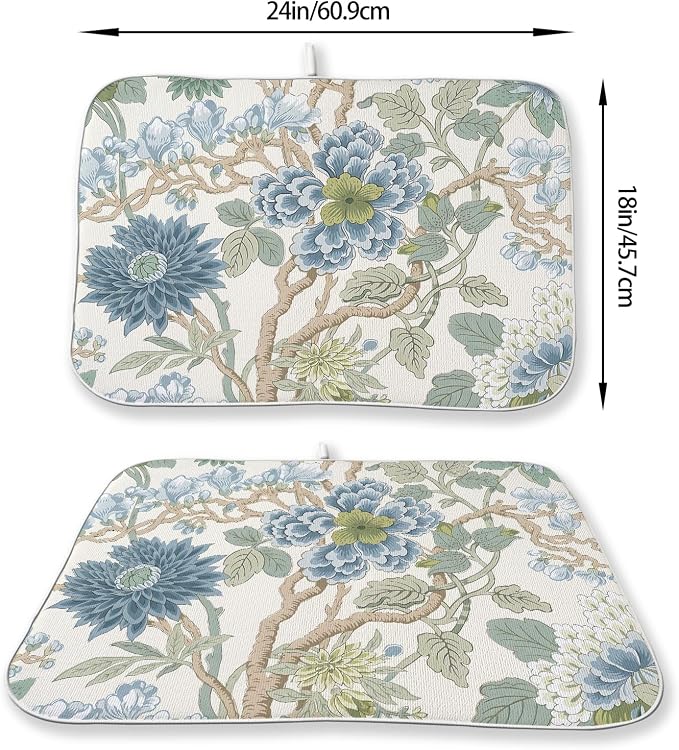 Chinoiserie Dish Drying Mat 18x24 Inch Vintage Sage Green Blue Floral Drying Mat Boho Spring Summer Seasonal Absorbent Dish Drying Pad Dish Rack Drainer Mats for Kitchen Dining Counter