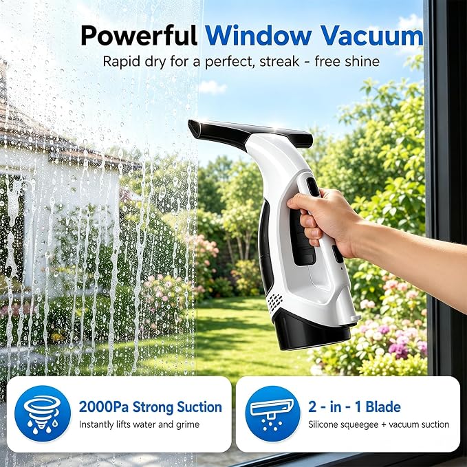 Window Vacuum Squeegee Cordless, 2000Pa Electric Window Cleaner Tool, 150ml Tank, 2200mAh Electric Window Glass Squeegee 280mm Wide Blade, 150ml Tank, Window Cleaning Kit for Glass Mirror Tile Car