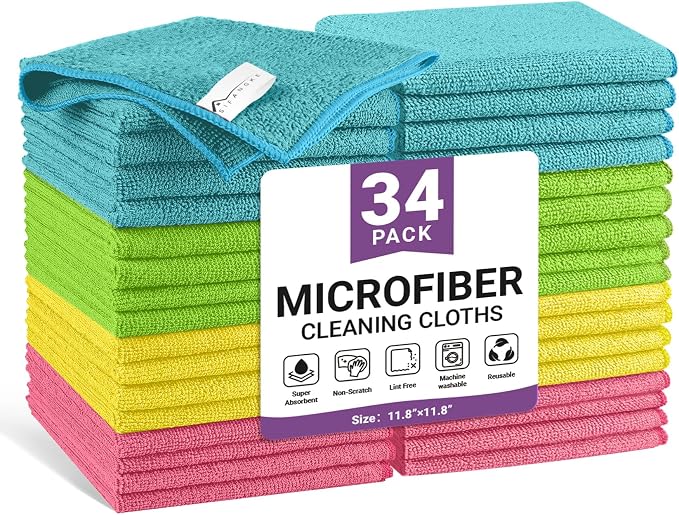 34 Pack Microfiber Cleaning Cloth, 4 Assorted Colors Cleaning Rags for Housekeeping, Colorful Reusable Microfiber Towels for Car, Kitchen, Bathroom and Household Cleaning Supplies, 11.8"X11.8"