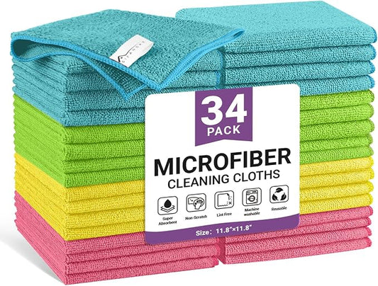 34 Pack Microfiber Cleaning Cloth, 4 Assorted Colors Cleaning Rags for Housekeeping, Colorful Reusable Microfiber Towels for Car, Kitchen, Bathroom and Household Cleaning Supplies, 11.8"X11.8"
