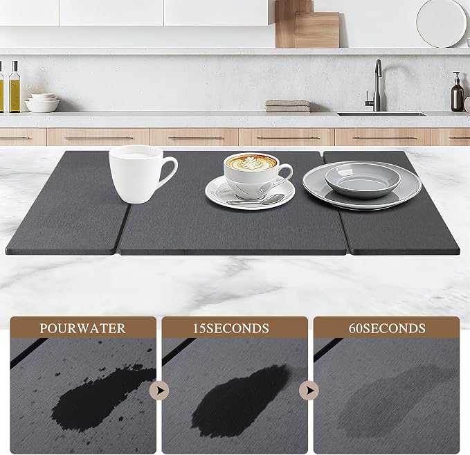 Foldable Stone Dish Drying Mat for Kitchen Counter, Diatomaceous Earth Drying Mat with Non-Slip Backing, Heat Resistant Multifunctional Mat for Kitchen & Bathroom, Instant water absorption-(24"×16")