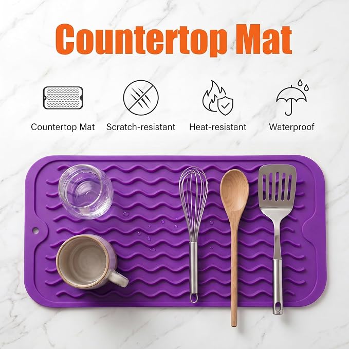 MicoYang Silicone Dish Drying Mat for Multiple Usage,Easy clean,Eco-friendly,Heat-resistant Silicone Mat for Kitchen Counter or Sink,Refrigerator or Drawer Liner Purple S 12 inches x 6 inches
