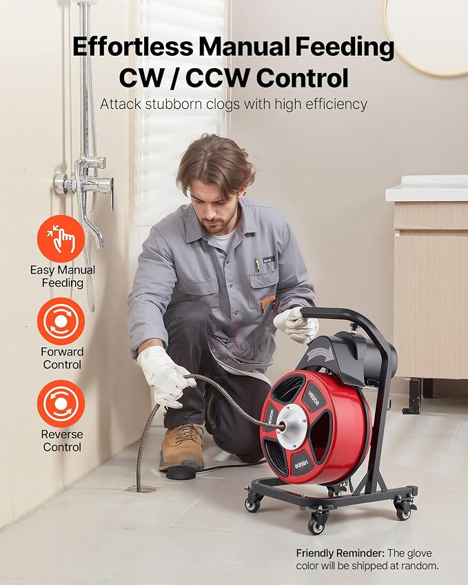 VEVOR Drain Cleaner Machine 50 FT x 1/2 Inch, Manual Feed Sewer Snake Auger on Wheels - with 4 Cutters & Air-activated Foot Switch for 2" to 6" Pipes