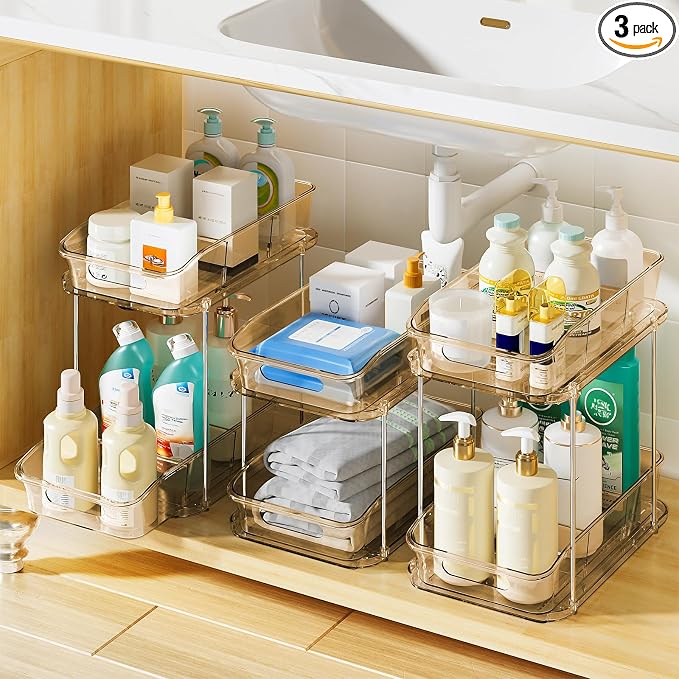 Delamu 2-Tier Under Sink Organizers and Storage, Multi-Purpose Stackable Bathroom Cabinet organizers, Pull Out Kitchen Pantry Organization and Storage with Dividers(3 Pack, Amber)