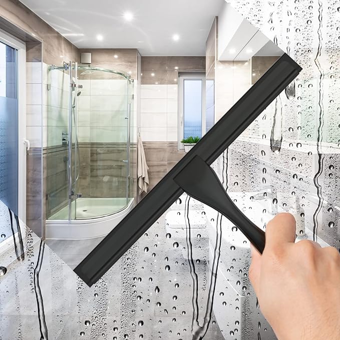 All-Purpose Stainless Steel Shower Squeegee for Shower Glass Door with Adhesive Hook, Bathroom Cleaner Tool Household Window Mirror Squeegee for Glass Doors, Cleaning Tile Wall, Car, 14 inch, Black