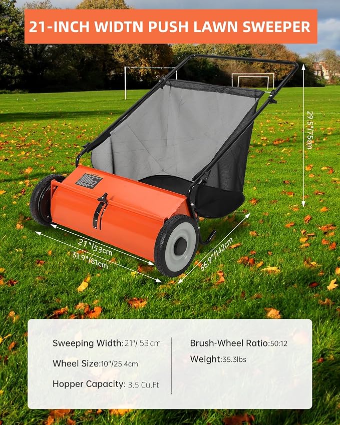 21-Inch Push Lawn Sweeper, 3.5 Cu. Ft. Hopper Capacity Leaf & Grass Collector with 4 Spinning Brushes, Adjustable Height, for Grass Clippings, Leaves & Debris, Orange