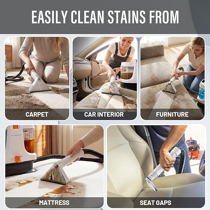 Starrybot Upholstery Cleaner Machine, 18Kpa Pet Stain Extractor | Portable spot cleaner for carpets, sofas, car interiors, and pet stains with strong 18Kpa suction power.