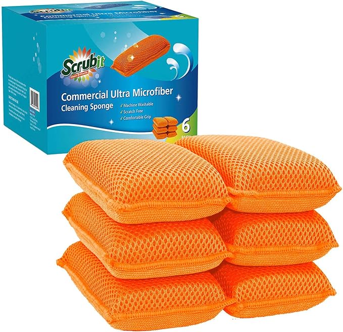 Commercial Miracle Microfiber Kitchen Sponge by Scrub-It - Large - Non-Scratch Heavy Duty Dishwashing Cleaning sponges- Machine Washable- (Orange, 6 Pack)