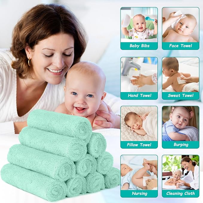 HOMEXCEL Baby Washcloths 12 Pack-Microfiber Coral Fleece Baby Bath Face Towel 7 x 9 Inch Extra Absorbent Soft Burp Cloth and Wash Cloths for Newborn-Infants and Toddlers,Green