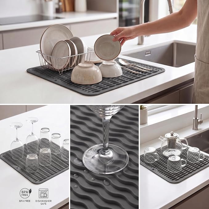 MicoYang Silicone Dish Drying Mat for Multiple Usage,Easy clean,Eco-friendly,Heat-resistant Silicone Mat for Kitchen Counter or Sink,Refrigerator or Drawer liner Grey M 12 inches x 12 inches
