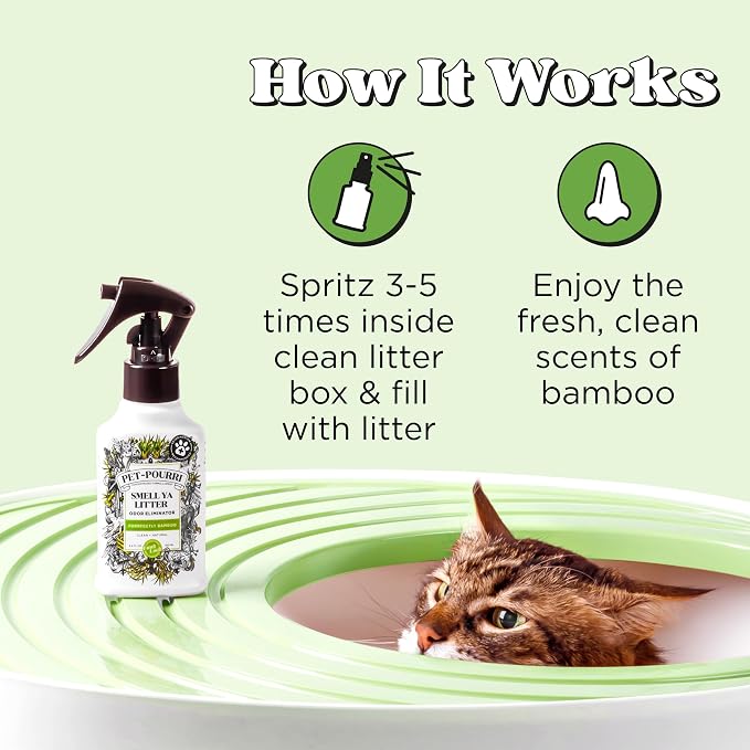 Pet-Pourri Smell Ya Litter Cat Litter Deodorizer Spray, Purrfectly Bamboo 3.4 Fl Oz, Up to 170 Uses,Pet Odor Remover Essential Oils Air,Carpet,Urine,Vet Recommended, Bergamot Bamboo Scent,(Pack of 2)