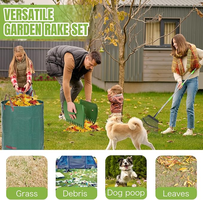 65 Inch 25 Tines Metal Leaf Rake Set with 32 Gal Bags Scoops, 18in Wide | Heavy duty lawn rake, Garden leaf collector, Yard clean up tool, Metal tines rake, Camping gear, Shrub rake, Weed remover