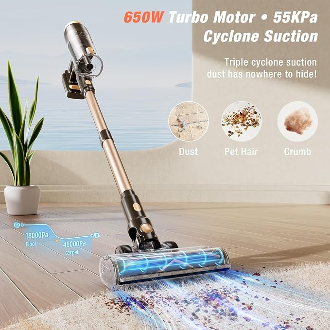 PEDOOLO Cordless Vacuum Cleaner, Upgraded 650W 55KPA 70Mins Vacuum Cleaners for Home, Self-Standing Stick Vacuum, Wall Mount Charge & Touch Screen, Anti-Tangle for Pet Hair Carpet Hardwood Floor Car