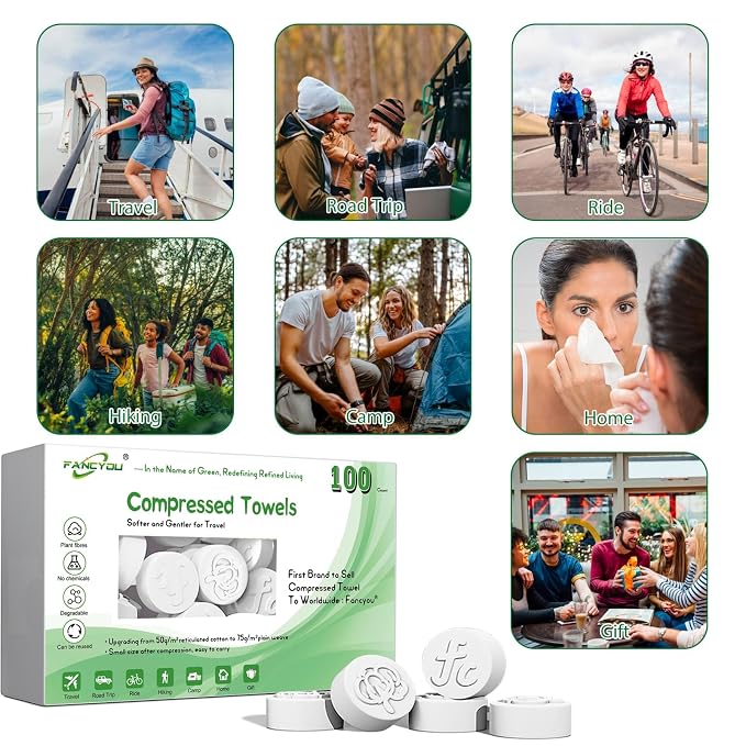 Compressed Towel Tablets 100 Count, Disposable Face Towels for Travel, Thick Soft Washcloths, Compact Coin Tissues for Skin Care, Gym, Camping, Home, 9 x 7.8 in