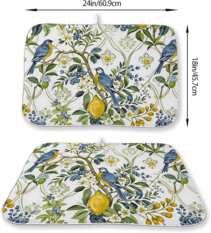 Sage Green Blue Bird Floral Dish Drying Mats 18x24 Inch Vintage Botanical Yellow Lemon Flower Decorative Kitchen Decor Absorbent Drying Pad Rack Drainer Mats for Kitchen Dining Room Counter