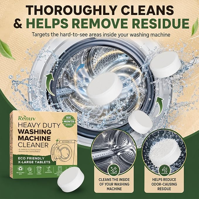 Renuv® Heavy Duty Washing Machine Cleaner & Descaler & Deodorizer Tablets | Deep Cleaning Tablets Remove Residue, Grime Buildup, Front Load or Top Load Washer, HE and Septic Safe, 6 Month Supply