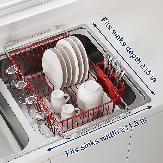 JASIWAY Red Dish Drying Rack in Sink, Expandable Stainless Steel Dish Drainers for Kitchen Counter, Dish Dryer Rack for Inside Sink, Over The Sink Dish Racks with Utensil Holder